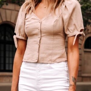 Express blush Pink Linen-Blend Off The Shoulder Tie Sleeve Shirt NWT Size XS